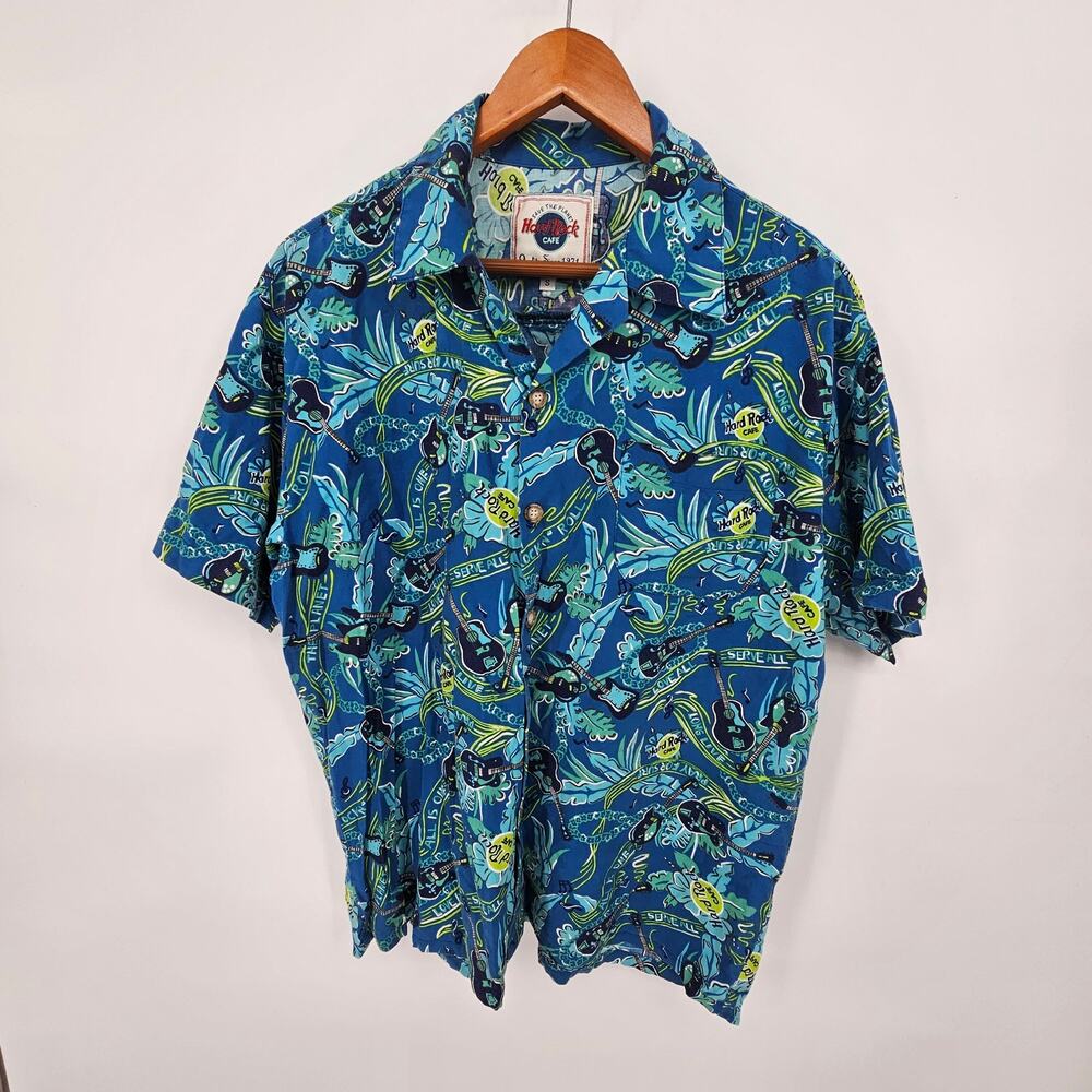 Hard Rock Cafe Vintage Blue Hawaiian Floral Guitar Vacation Camp Button Shirt S